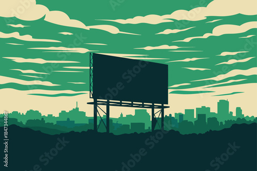 Stunning blank billboard silhouette overlooking a vibrant green city skyline under dramatic stylized clouds