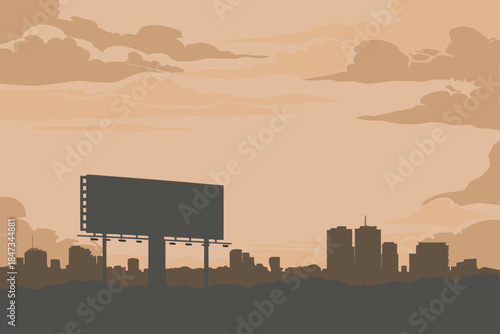 Massive blank billboard silhouette dominates city skyline against dramatic sepia toned sunset clouds for advertising space