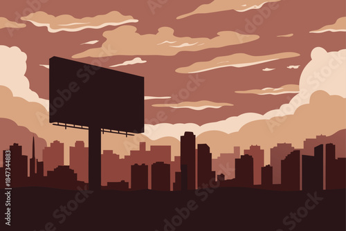 Stunning blank billboard silhouette against a dramatic sepia city skyline at sunset for advertising concepts