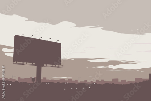 Massive blank billboard looms over muted city skyline at dusk perfect for impactful advertising campaigns