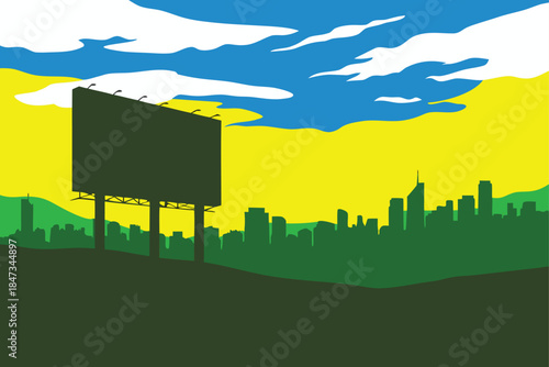 Dynamic empty billboard silhouette against vibrant yellow cityscape sunset advertising opportunity awaits your message