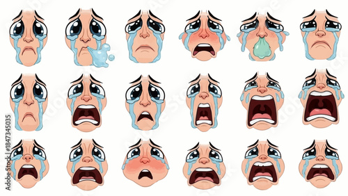 Collection of Sad Crying Faces Expressing Various Emotions of Grief and Sorrow.