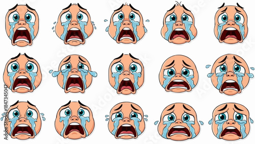 Collection of cartoon faces expressing extreme sadness and crying.