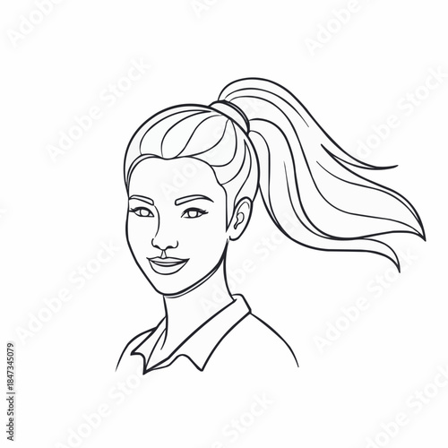Line Art Portrait of a Young Woman with a High Ponytail.