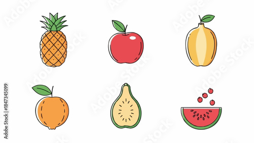 Collection of six colorful cartoon fruits including pineapple apple guava orange fig and watermelon slices.