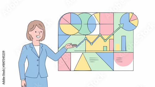 Businesswoman presenting financial data and charts on a colorful geometric board.