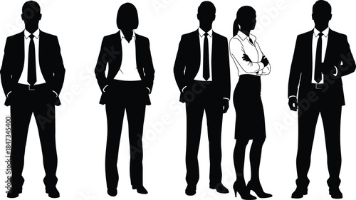 Corporate business people silhouettes standing confidently isolated on white background representing leadership professionalism teamwork diversity anonymity concept