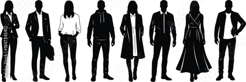Diverse business and casual people silhouettes standing in lineup isolated on white background representing modern lifestyle teamwork diversity