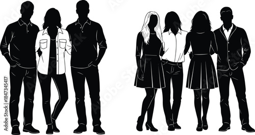 Diverse young people silhouettes standing together isolated on white background representing modern lifestyle friendship teamwork fashion anonymity concept