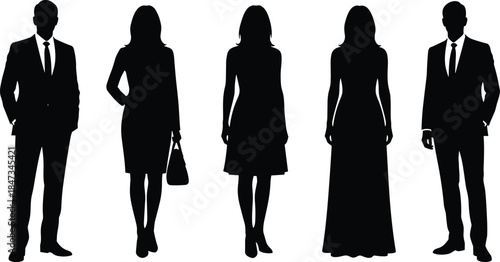 Elegant business and fashion people silhouettes standing in lineup isolated on white background representing modern diversity professionalism style