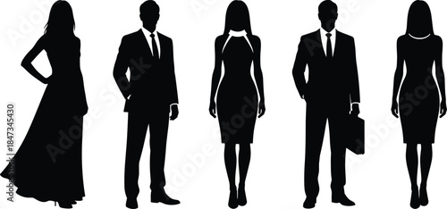 Elegant business people silhouettes standing confidently isolated on white background representing professionalism leadership corporate fashion diversity concept