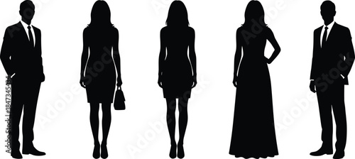 Elegant business and fashion people silhouettes standing isolated on white background representing professional diversity style anonymity modern concept