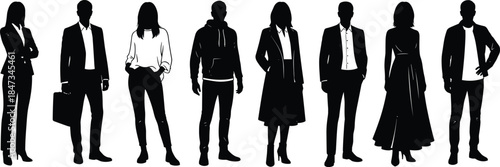 Modern business and casual people silhouettes standing together isolated on white background representing diversity teamwork professionalism lifestyle concept