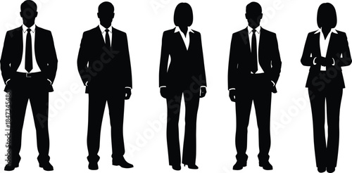Professional business people silhouettes standing in confident lineup isolated on white background representing corporate leadership teamwork anonymity