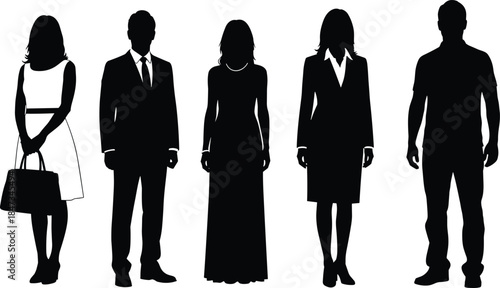 Stylish business and fashion people silhouettes standing isolated on white background representing modern professionalism diversity elegance anonymity concept