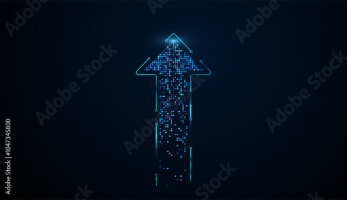 A digital glowing blue arrow made of digital particles rises, symbolizing powerful tech‑driven financial growth. Floating data points stream upward into an arrow