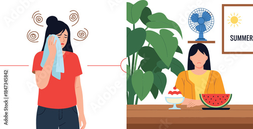  Young woman suffering from summer heat stroke sweating and wiping face with towel and girl cooling down with electric fan watermelon and ice cream flat vector illustration.