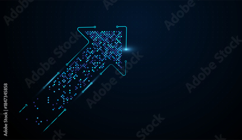 A moving up  shape emerges from scattered pixels, Vertical digital trails form a bold arrow, evoking accelerating fintech expansion