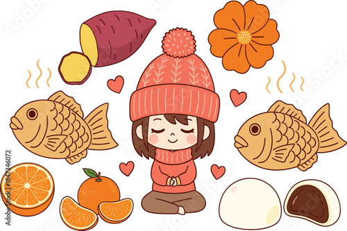 Cute chibi girl in winter hat with traditional Japanese snacks including taiyaki fish cakes sweet potato mochi and oranges cozy autumn seasonal food flat vector illustration