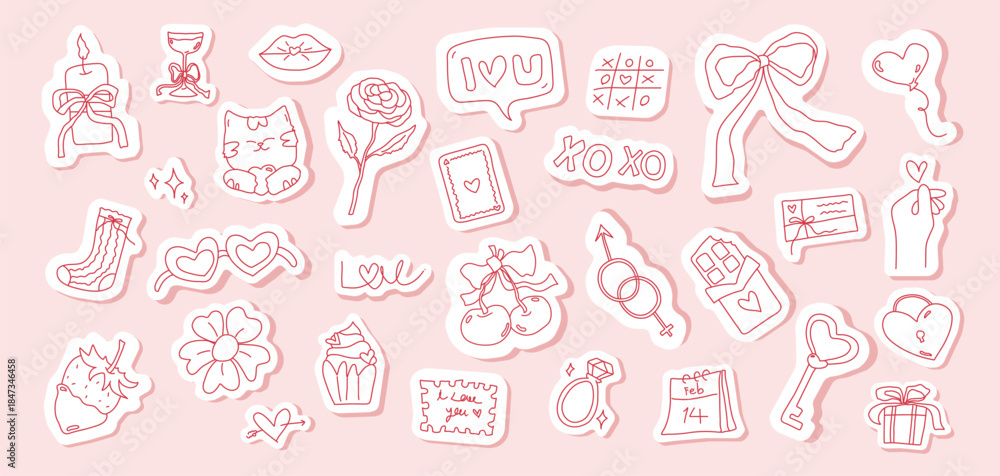 Fototapeta premium Valentine's Day celebration stickers with romantic symbols. Vector illustration 