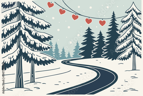 Snowy Forest Road with Christmas Lights Vector