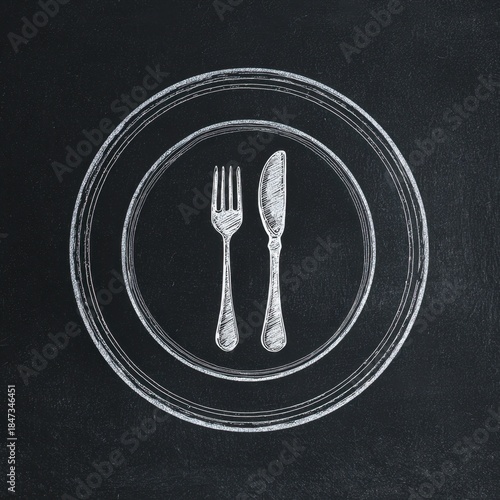 Hand-drawn Fork and Knife on a Plate in Chalk Style Illustration