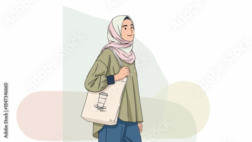Young Muslim woman wearing hijab and carrying tote bag.