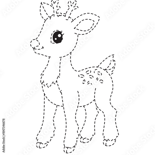 Dotted fawn deer line art with gentle eyes ideal for storybooks, classroom materials, and whimsical kid designs.