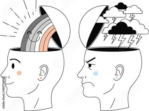  Mental health concept illustration showing positive and negative emotions with a smiling rainbow and dark storm clouds inside human heads for psychology.