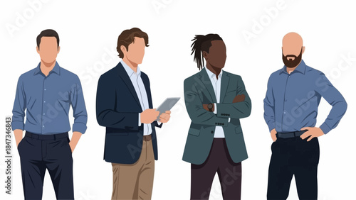 Diverse group of professionals standing together in a studio setting.