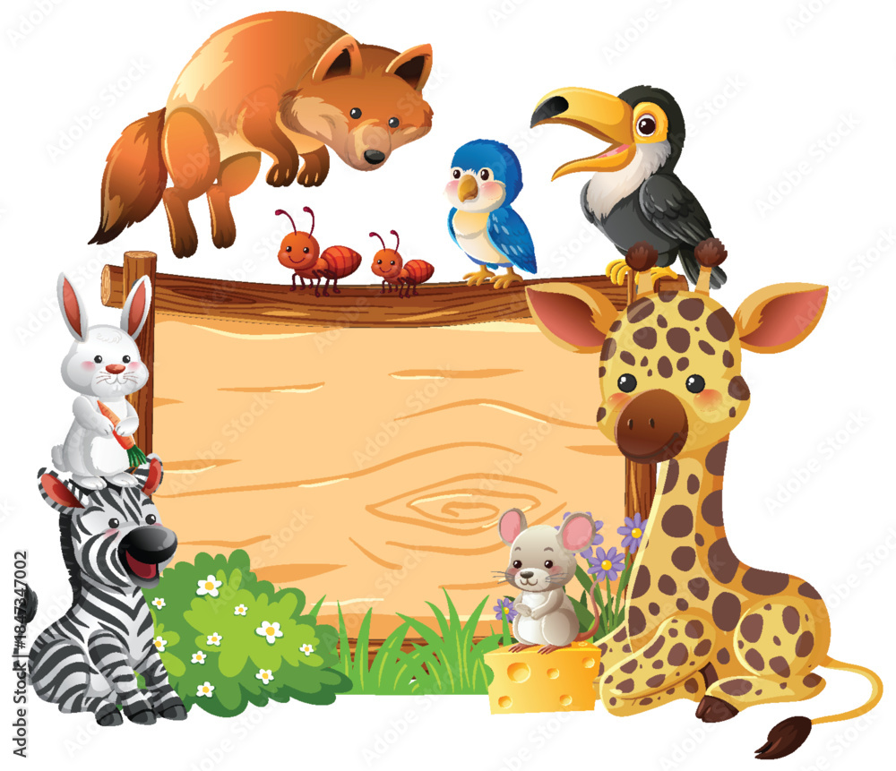 Fototapeta premium Cartoon Jungle Animals Around Wooden Signboard Illustration