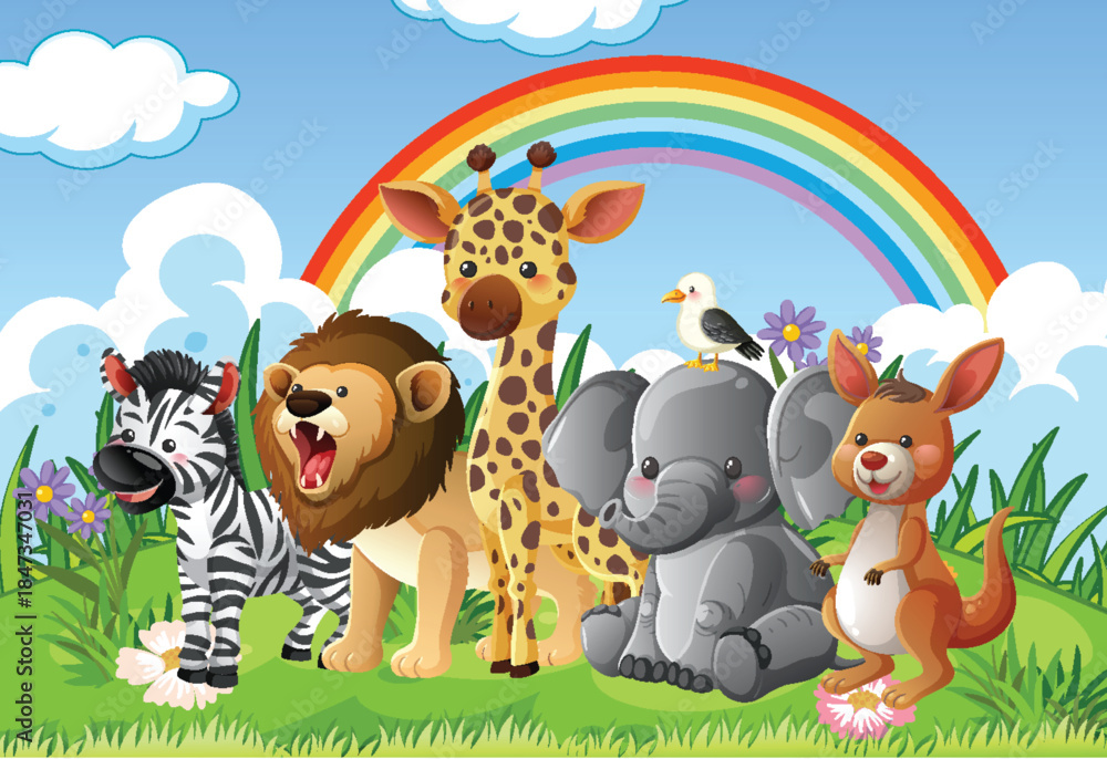 Obraz premium Cartoon Safari Animals in Colorful Outdoor Landscape