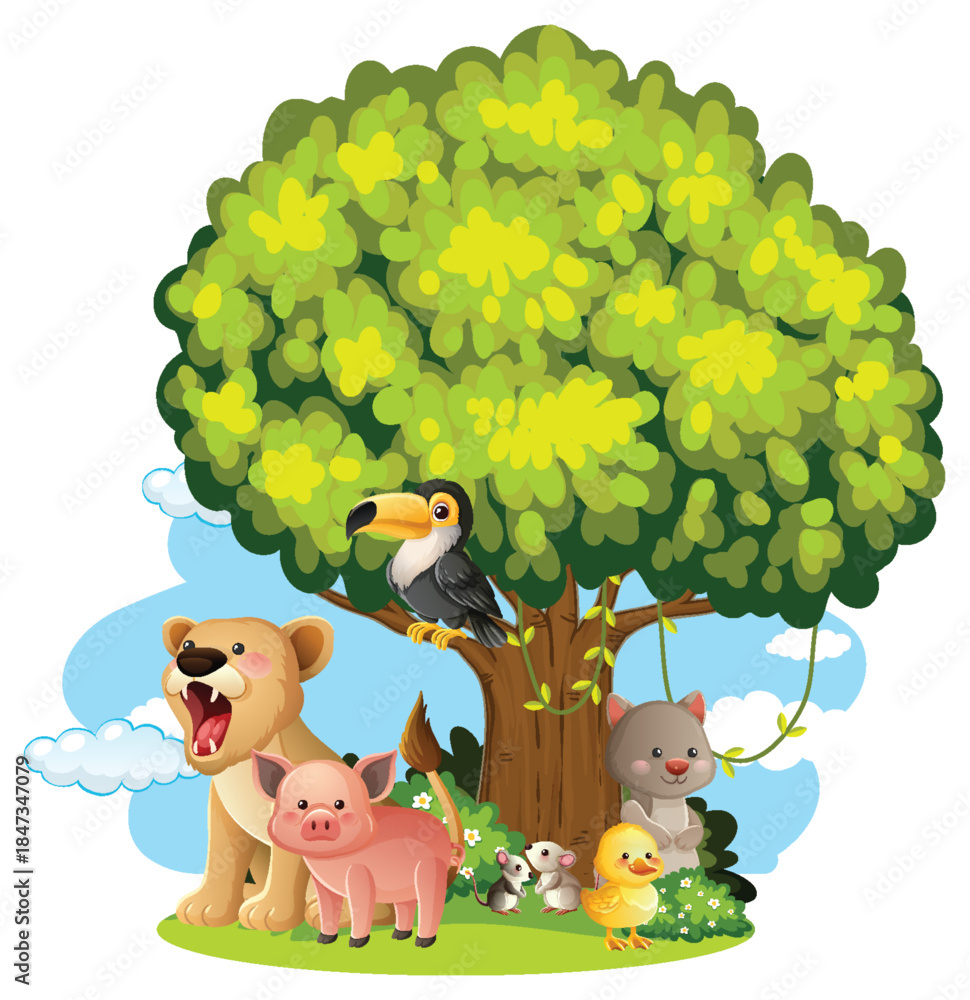 Fototapeta premium Cartoon Forest Animals Gathered Under Lush Green Tree
