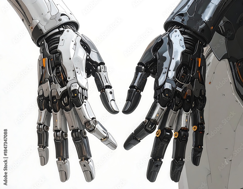 Fototapeta premium Metallic robot hands with intricate details, white and black