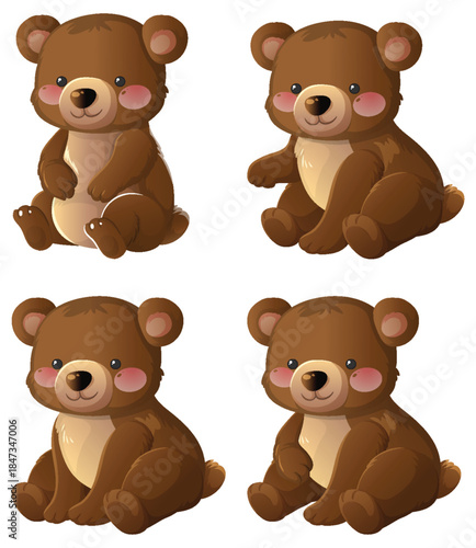 Cute Cartoon Bear Cubs Sitting in Various Poses