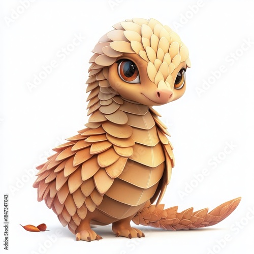 Adorable pangolin cartoon character with big eyes and playful expression, perfect for children's books and educational materials about wildlife conservation