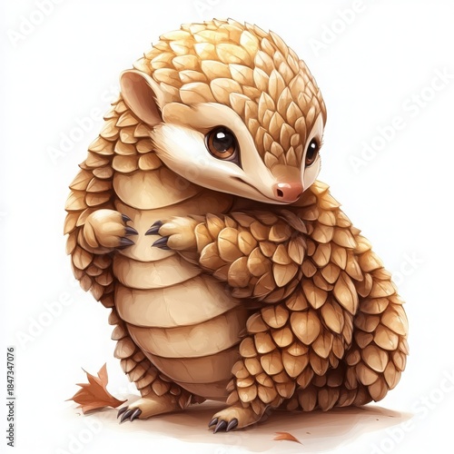 Adorable pangolin cub with expressive eyes, perfect for children's books and conservation awareness campaigns, a heartwarming wildlife illustration, charming and delightful
