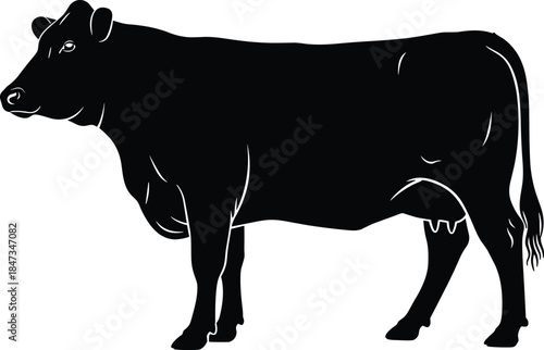 Black cow silhouette with detailed outline, livestock farm animal illustration suitable for agriculture, dairy industry, ranch, veterinary, and farming designs