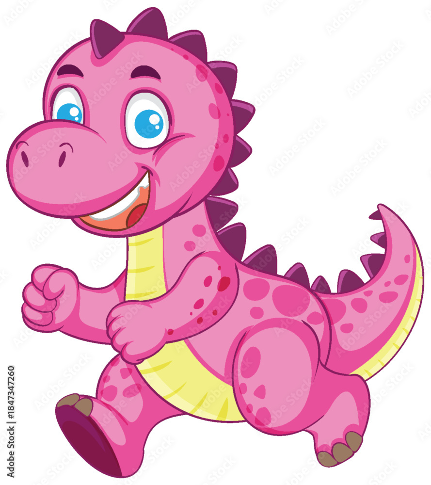 Fototapeta premium Smiling Pink Cartoon Dinosaur Running with Joyful Expression