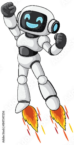Happy Cartoon Robot Flying With Jetpack Flames
