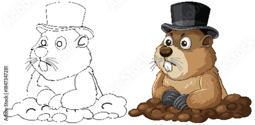 Groundhog Wearing Top Hat Emerging from Burrow Vector