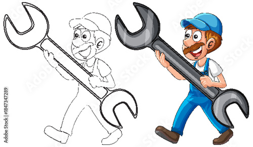 Cartoon Mechanic Carrying Large Wrench Vector Illustration