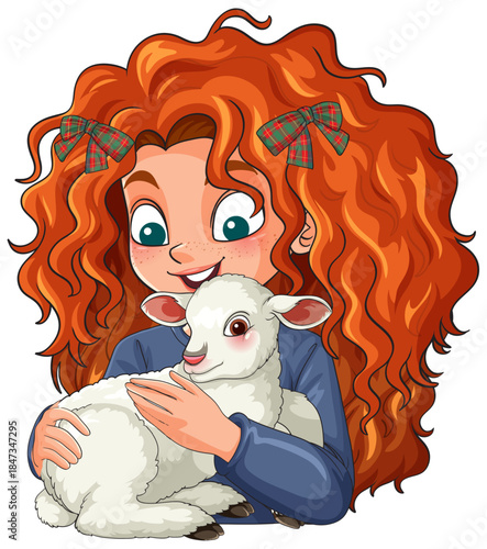 Red-Haired Girl Hugging White Lamb Cartoon Illustration