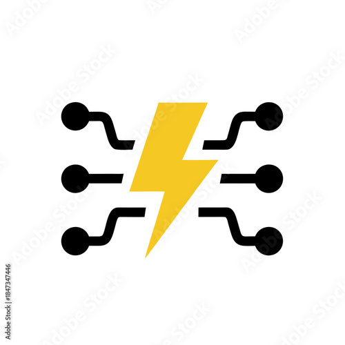 Lightning bolt symbol on abstract electronic circuit board design, symbolizing energy and technology