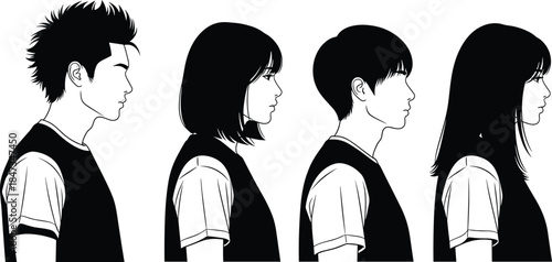 Black and white side profile illustration of young people standing in line, minimal anime style character silhouettes for design and branding