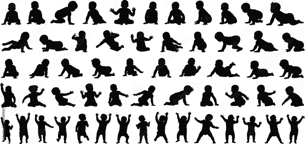 Fototapeta premium Black baby silhouette collection, sitting crawling standing poses, child growth stages, infant activity, adorable toddler, isolated vector, diverse baby shapes set