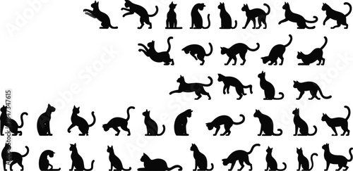 Black cat silhouettes, various cat poses, feline vector icons, sitting and walking cats, playful cat shapes, domestic cats, pet animal illustrations, cat clipart collection