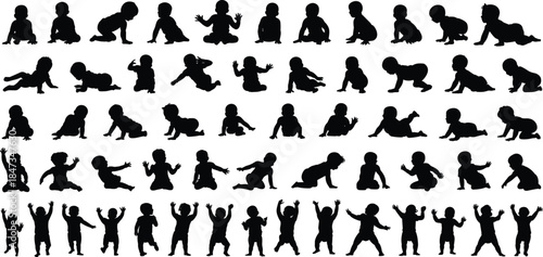 Black baby silhouette collection, sitting crawling standing poses, child growth stages, infant activity, adorable toddler, isolated vector, diverse baby shapes set