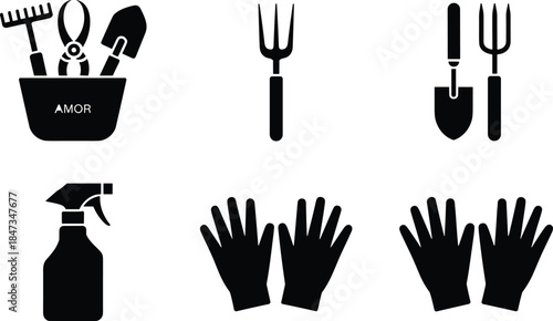 Black gardening tools vector set with gloves, spray bottle, shovel, fork, and pruning shears, perfect for farming, horticulture, planting design.