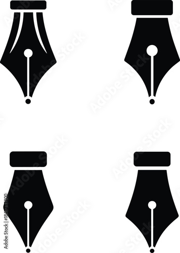 Black and white fountain pen nib icons, vintage calligraphy tool symbols, minimalist writing instrument designs, elegant ink pen tips, graphic art illustration set